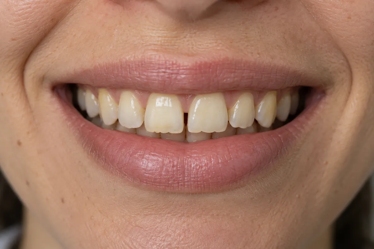 Simulação ilustrativa, antes: dentes da frente com espaço entre eles e bordas irregulares