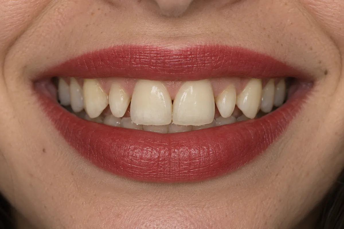 Simulação ilustrativa, antes: dentes laterais pequenos e pontudos, com espaços